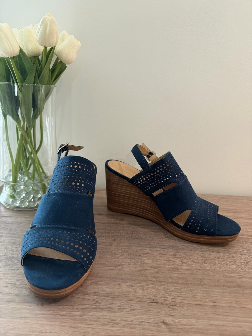 Navy Suede Perforated Wedge Sandals with Ankle Strap